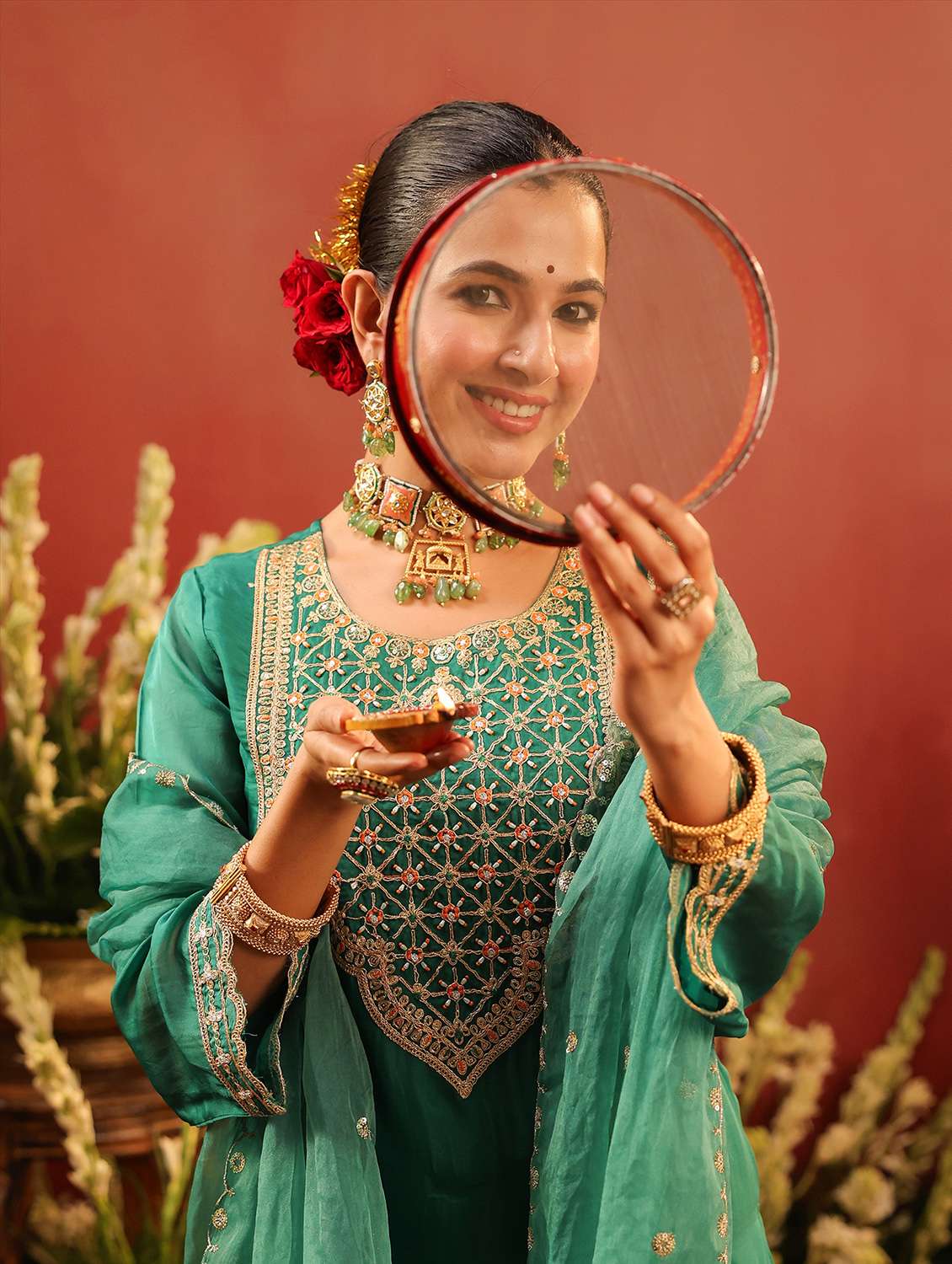 women solid with work long sleeve kurta palazzo with dupatta set - 22142281 -  Standard Image - 4