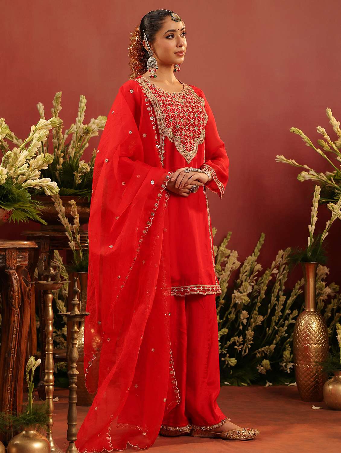 women solid with work long sleeve kurta palazzo with dupatta set - 22142282 - Standard Image - 1
