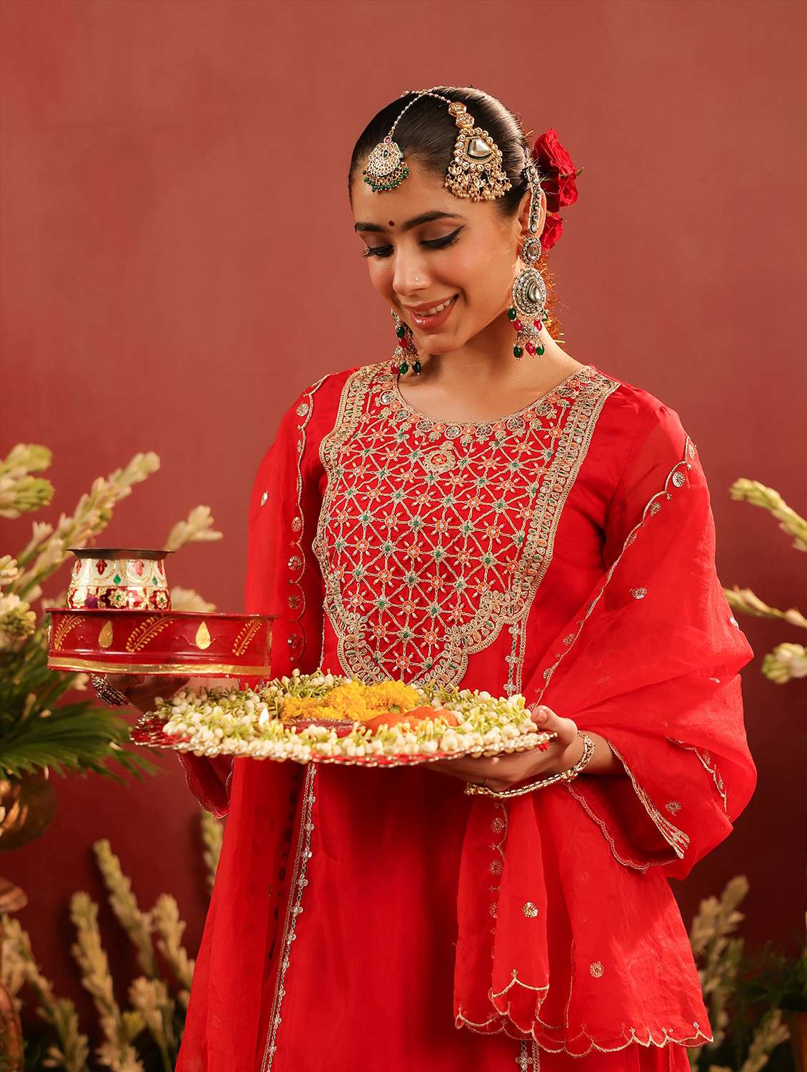 women solid with work long sleeve kurta palazzo with dupatta set - 22142282 - Standard Image - 4