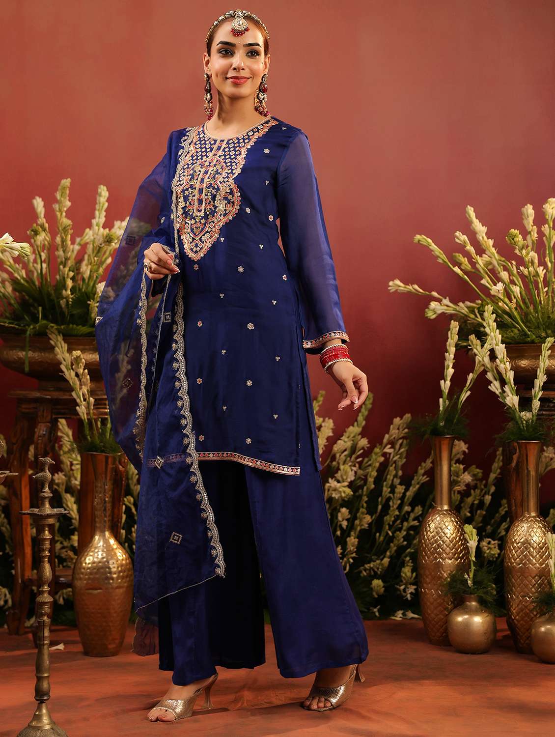 women solid with work long sleeve kurta palazzo with dupatta set - 22142283 -  Standard Image - 1
