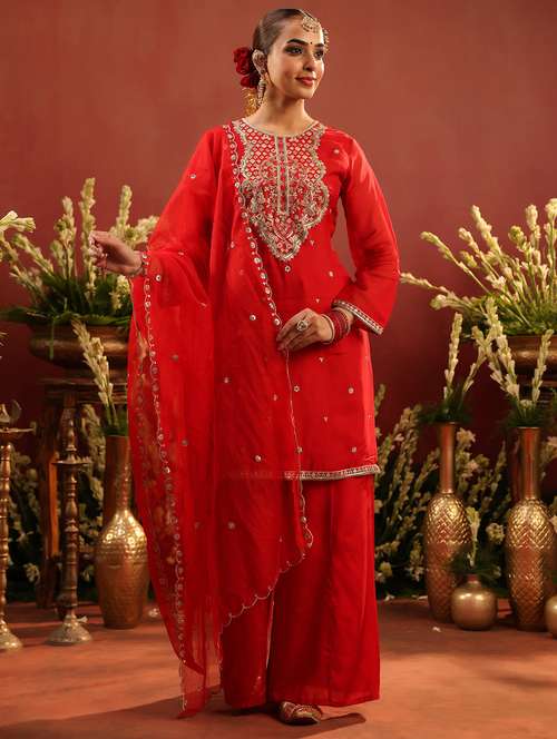 women solid with work long sleeve kurta palazzo with dupatta set - 22142284 -  Standard Image - 0