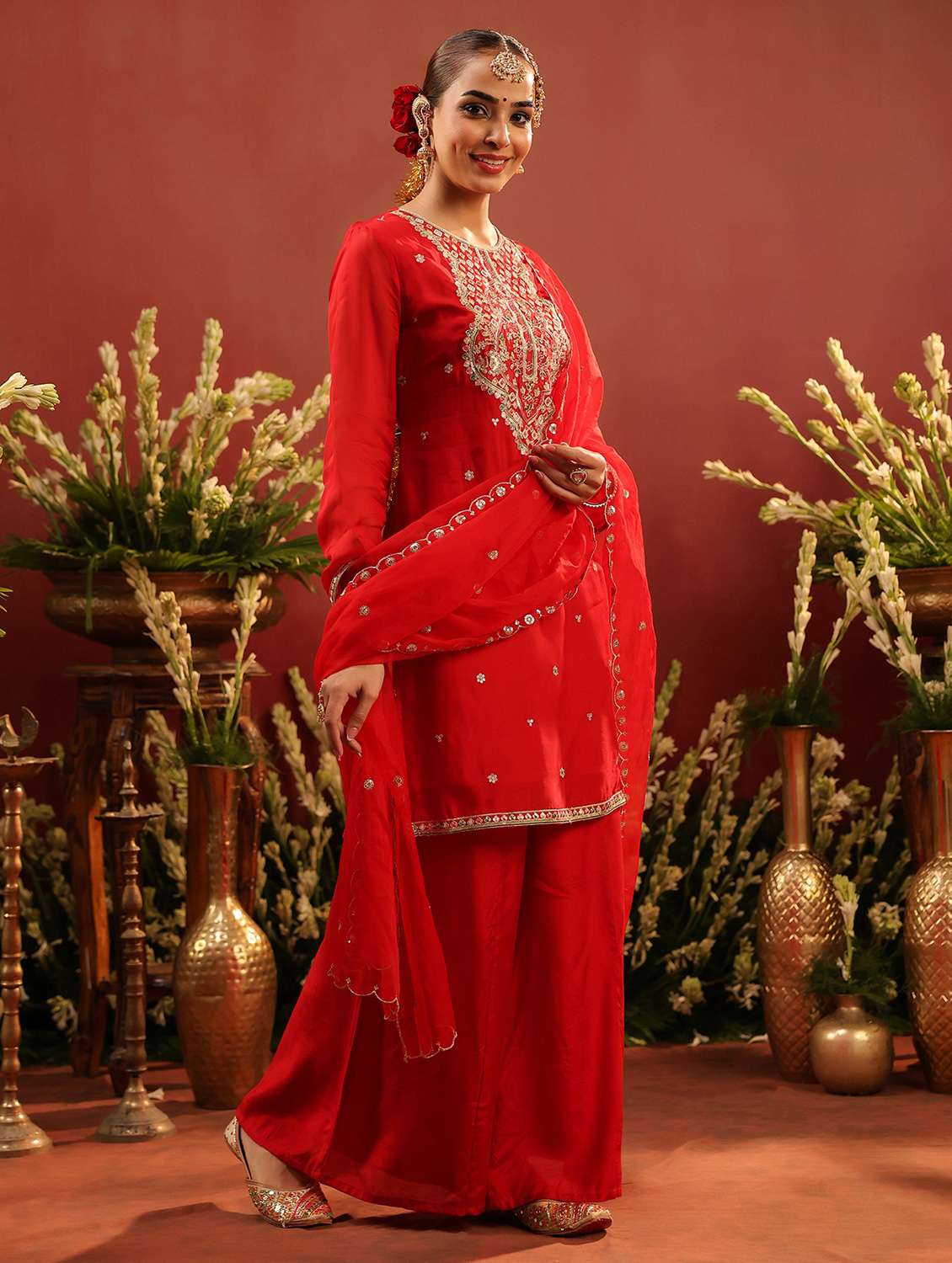 women solid with work long sleeve kurta palazzo with dupatta set - 22142284 -  Standard Image - 1