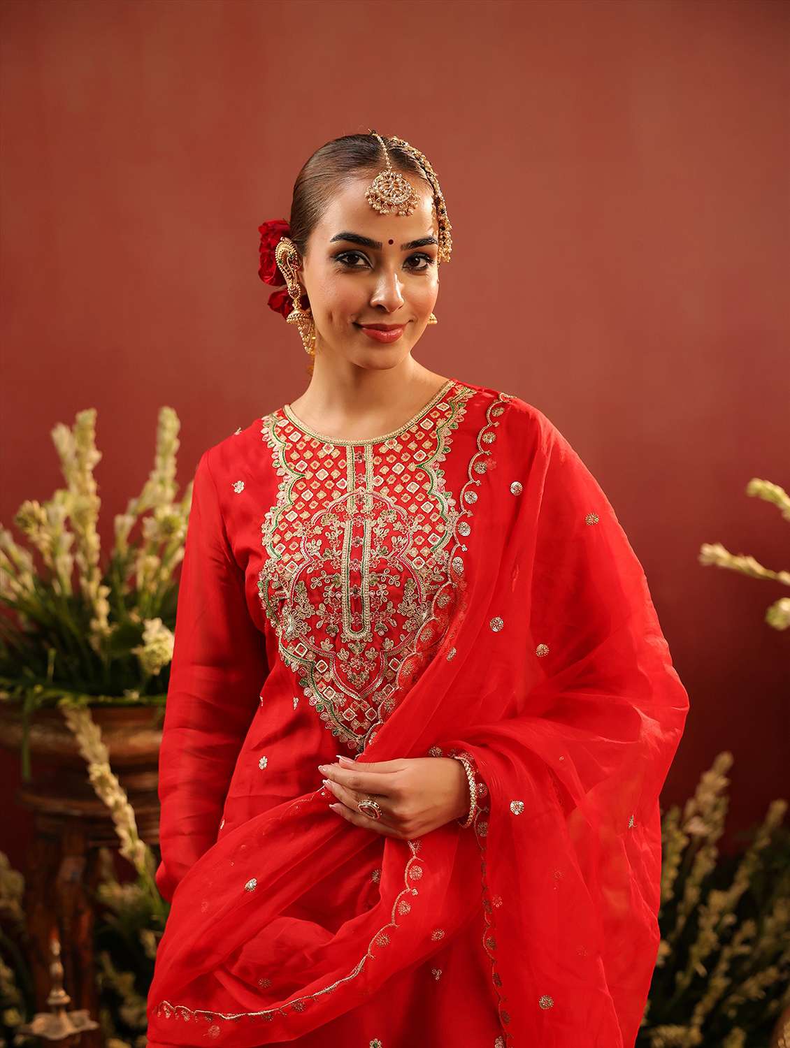 women solid with work long sleeve kurta palazzo with dupatta set - 22142284 -  Standard Image - 4