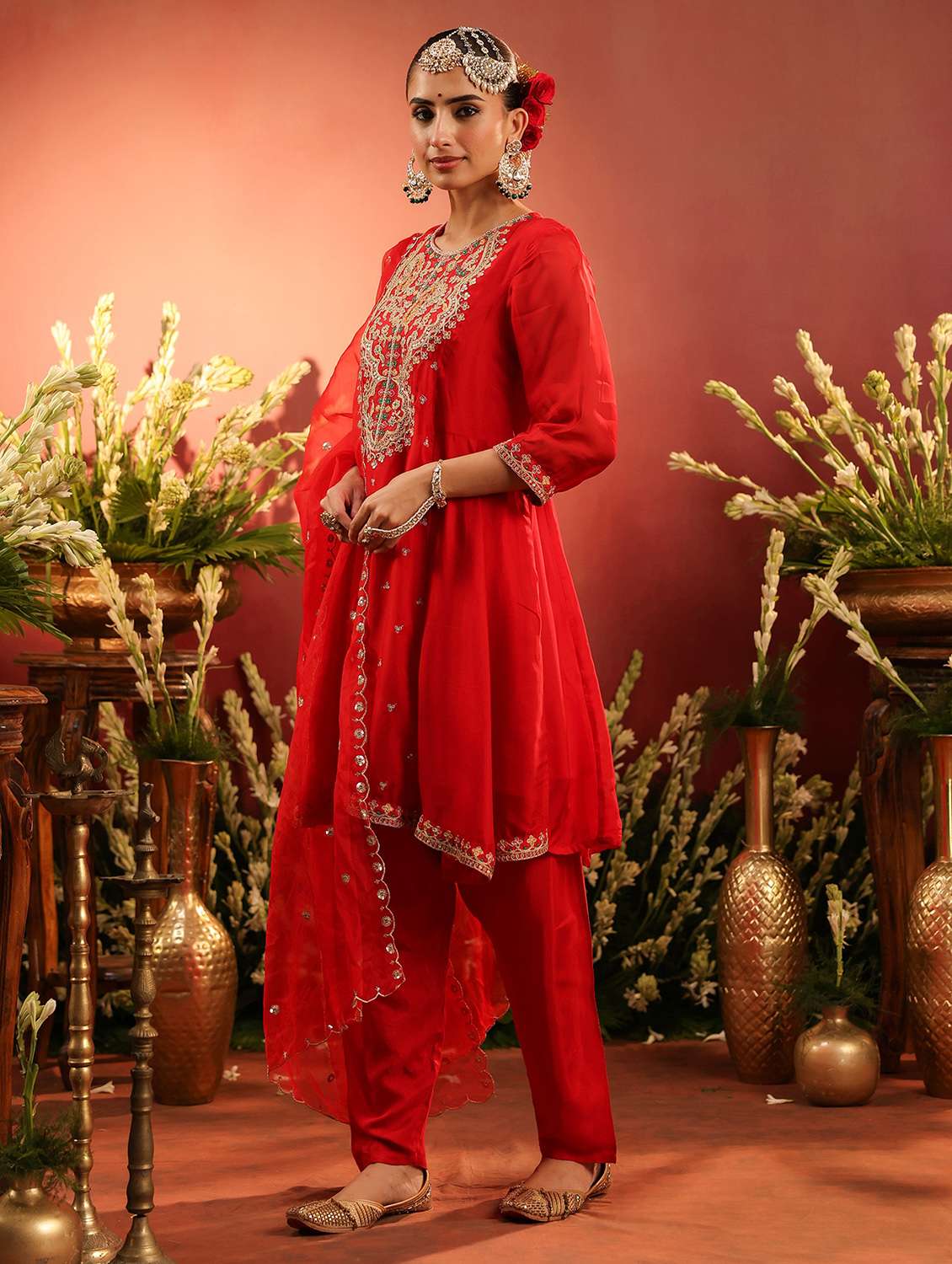 women solid with work three quarter sleeve kurta salwar with dupatta set - 22142286 -  Standard Image - 1