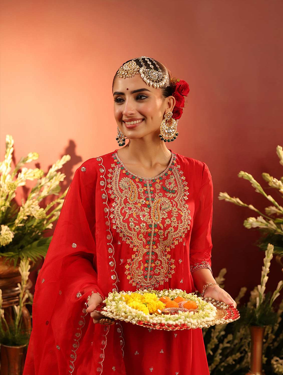 women solid with work three quarter sleeve kurta salwar with dupatta set - 22142286 -  Standard Image - 4