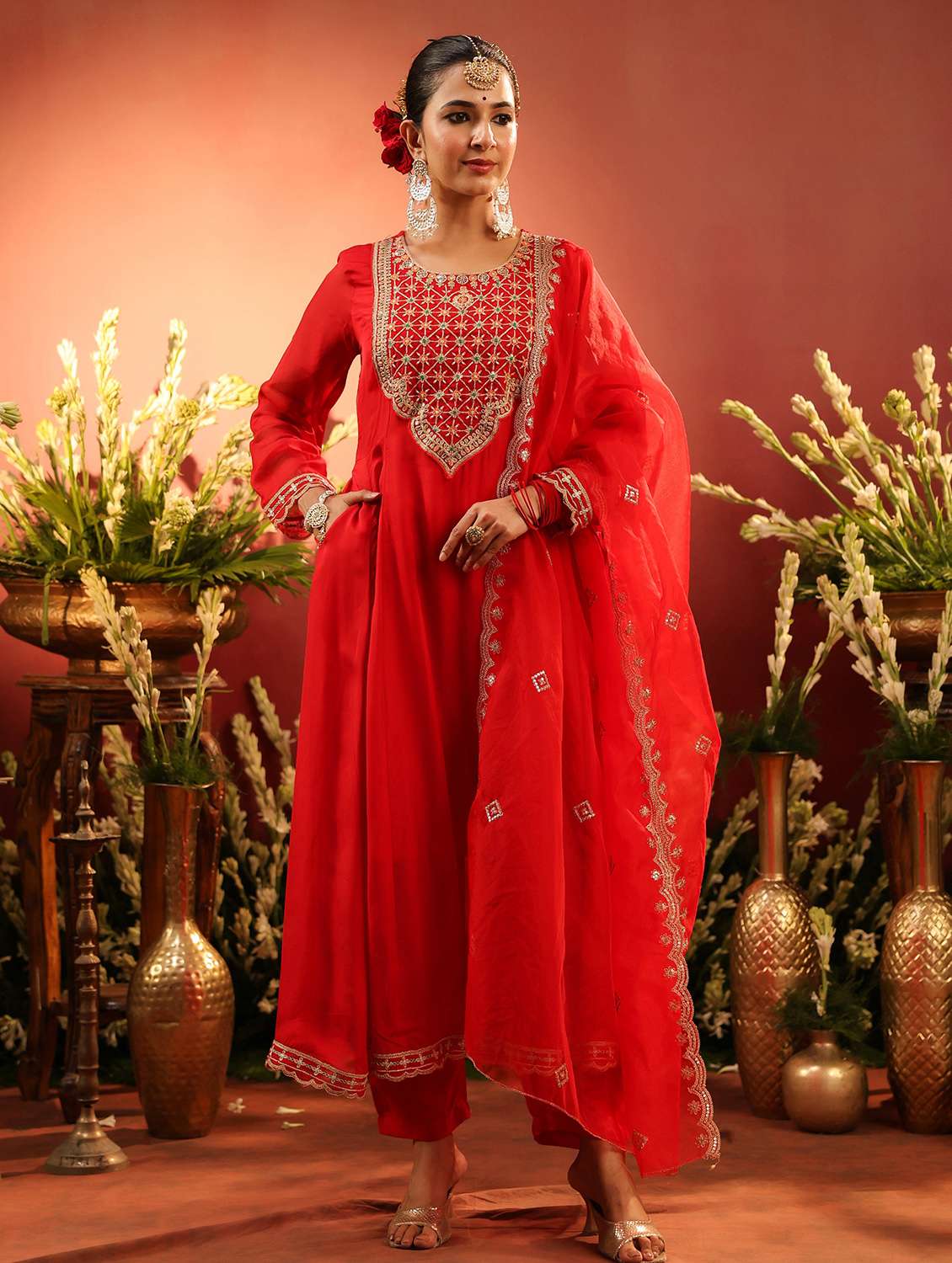 women embroidered long sleeve kurta pant with dupatta set