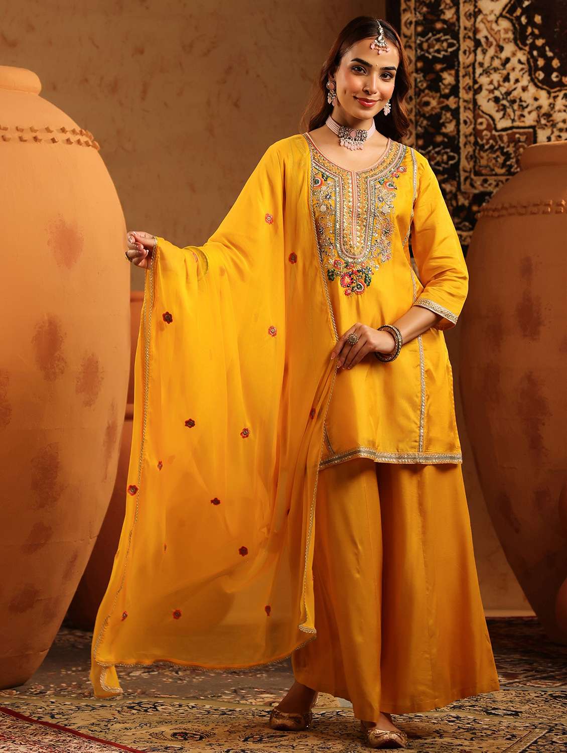 women embroidered three quarter sleeve kurta palazzo with dupatta set