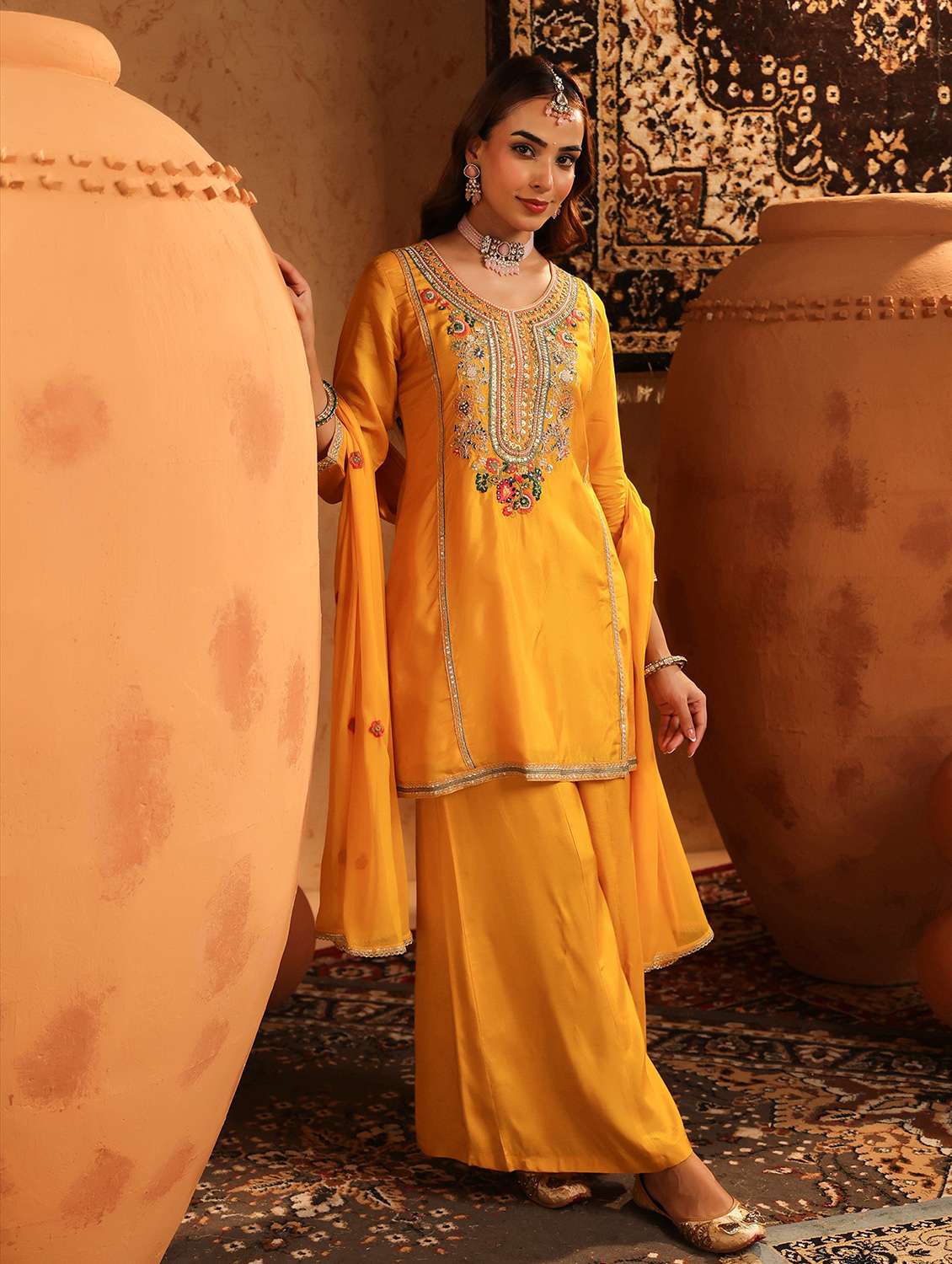 women embroidered three quarter sleeve kurta palazzo with dupatta set - 22142289 -  Standard Image - 1