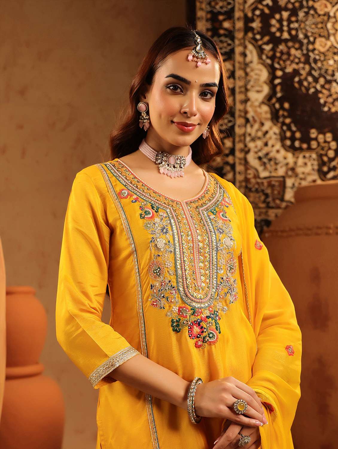 women embroidered three quarter sleeve kurta palazzo with dupatta set - 22142289 -  Standard Image - 4