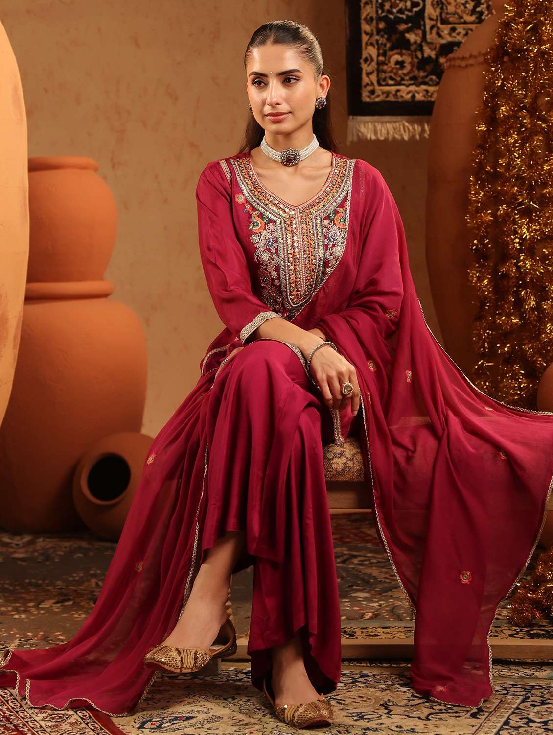 women embroidered three quarter sleeve kurta palazzo with dupatta set - 22142290 -  Standard Image - 1