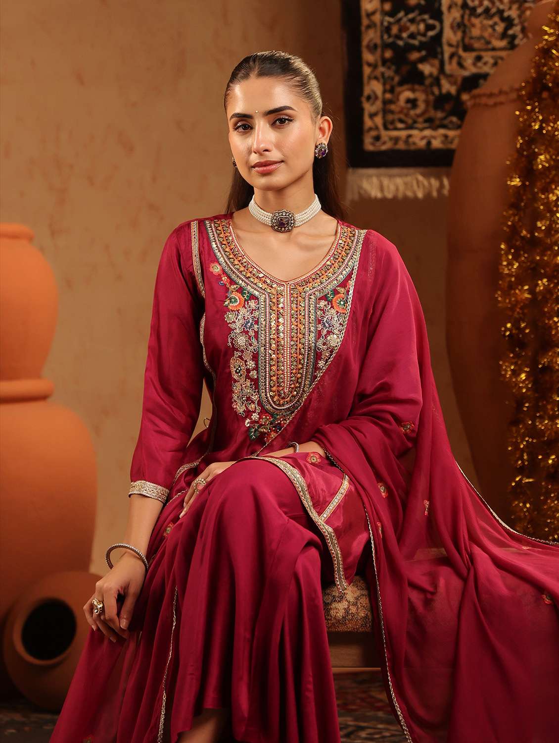 women embroidered three quarter sleeve kurta palazzo with dupatta set - 22142290 -  Standard Image - 4
