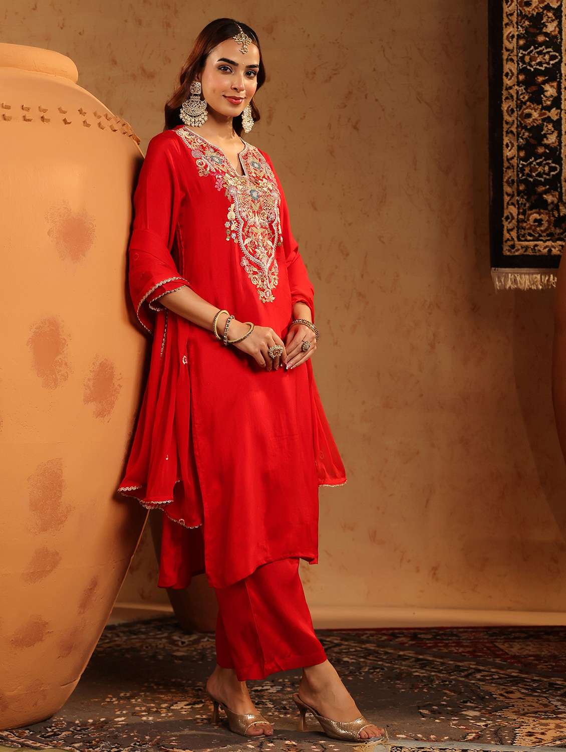 women embroidered three quarter sleeve kurta pant with dupatta set - 22142291 -  Standard Image - 1
