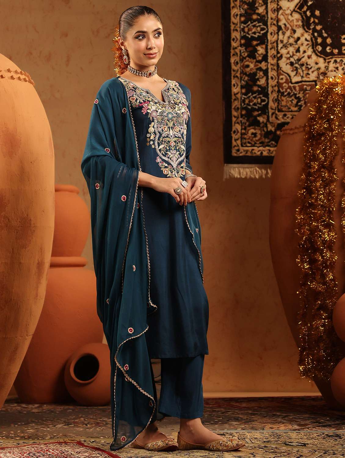 women embroidered three quarter sleeve kurta pant with dupatta set - 22142292 -  Standard Image - 1