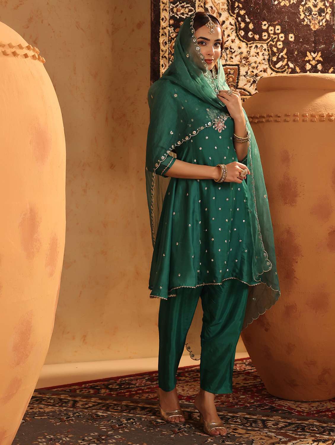 women solid with work three quarter sleeve kurta salwar with dupatta set - 22142293 -  Standard Image - 1