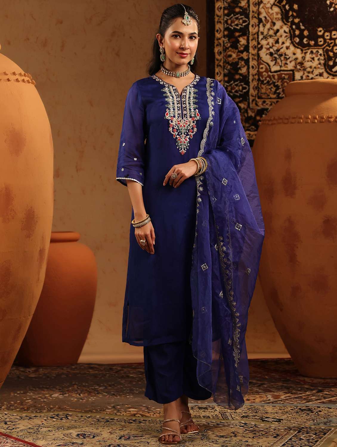 women embroidered three quarter sleeve kurta pant with dupatta set