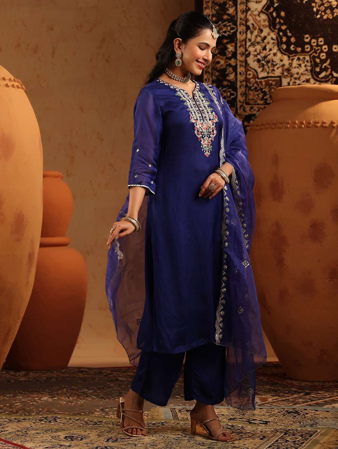 women embroidered three quarter sleeve kurta pant with dupatta set - 22142294 -  Standard Image - 1