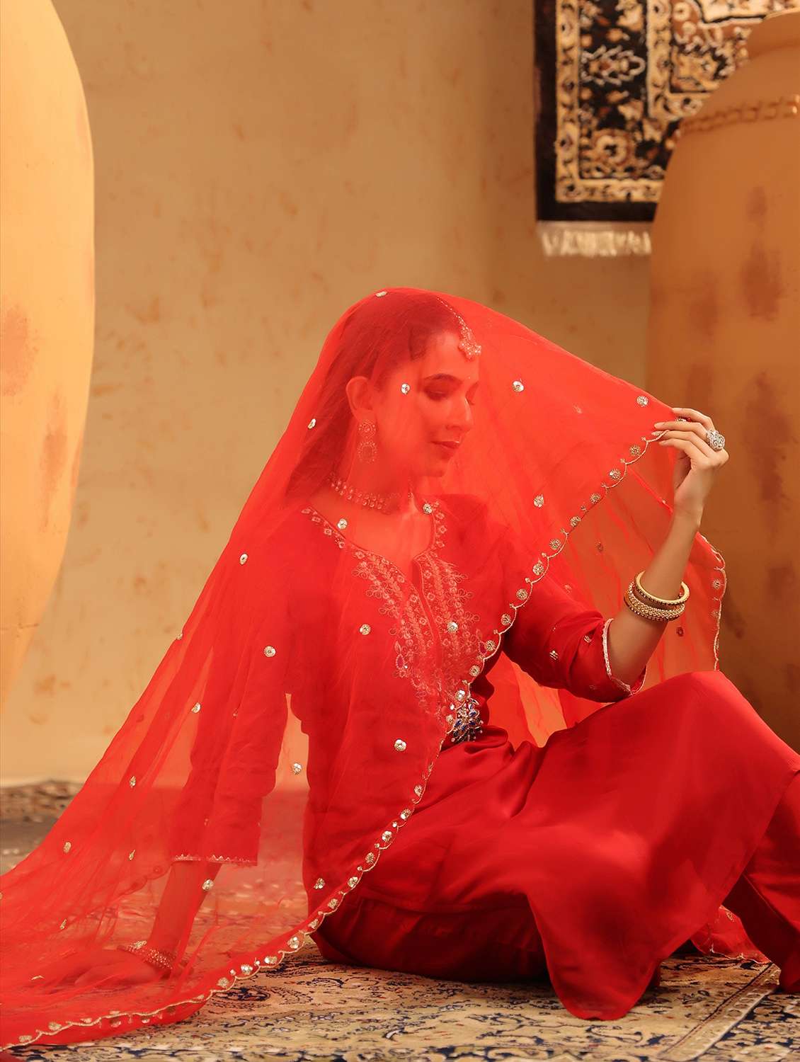 women embroidered three quarter sleeve kurta pant with dupatta set - 22142295 -  Standard Image - 1