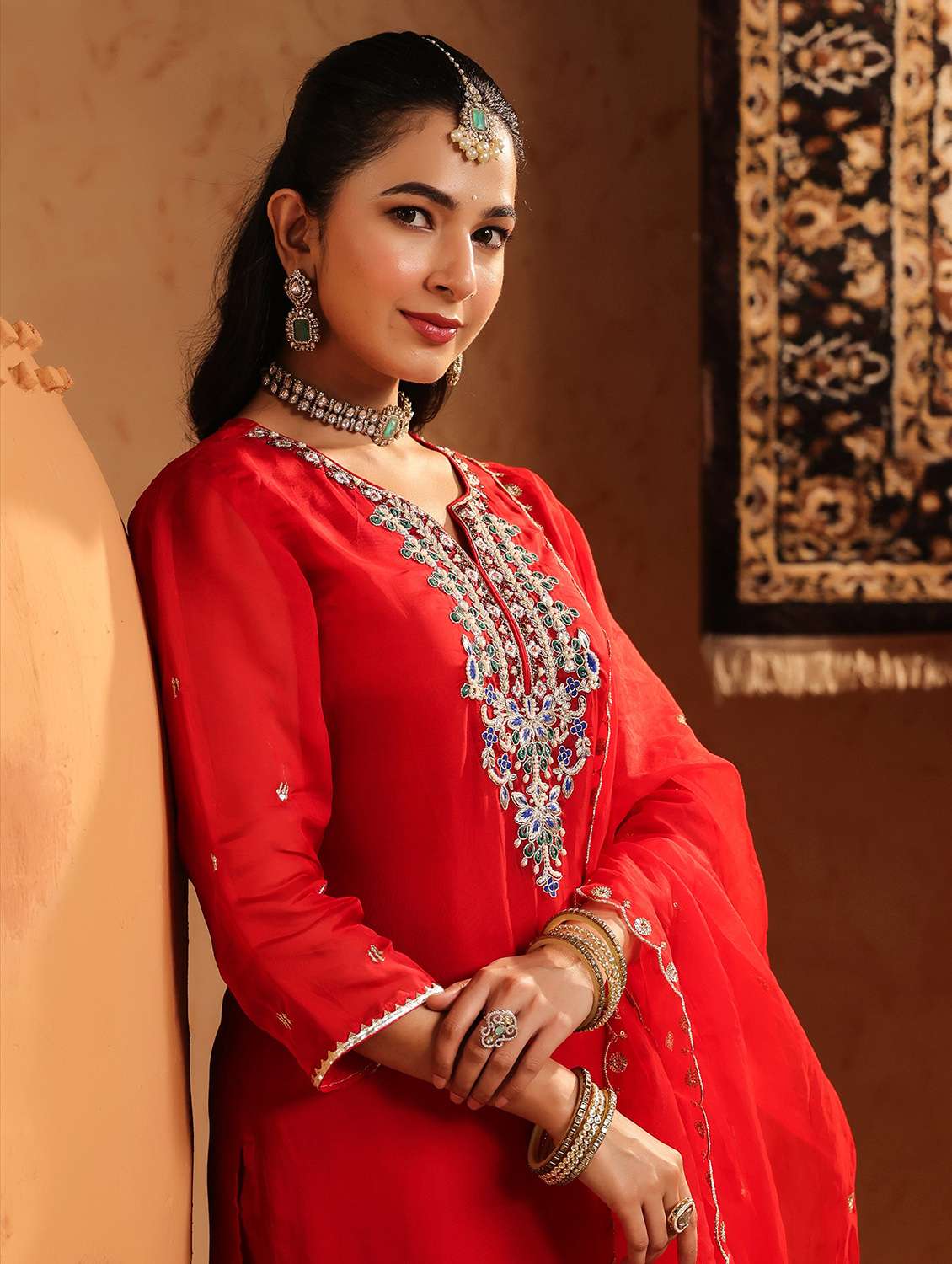 women embroidered three quarter sleeve kurta pant with dupatta set - 22142295 -  Standard Image - 4