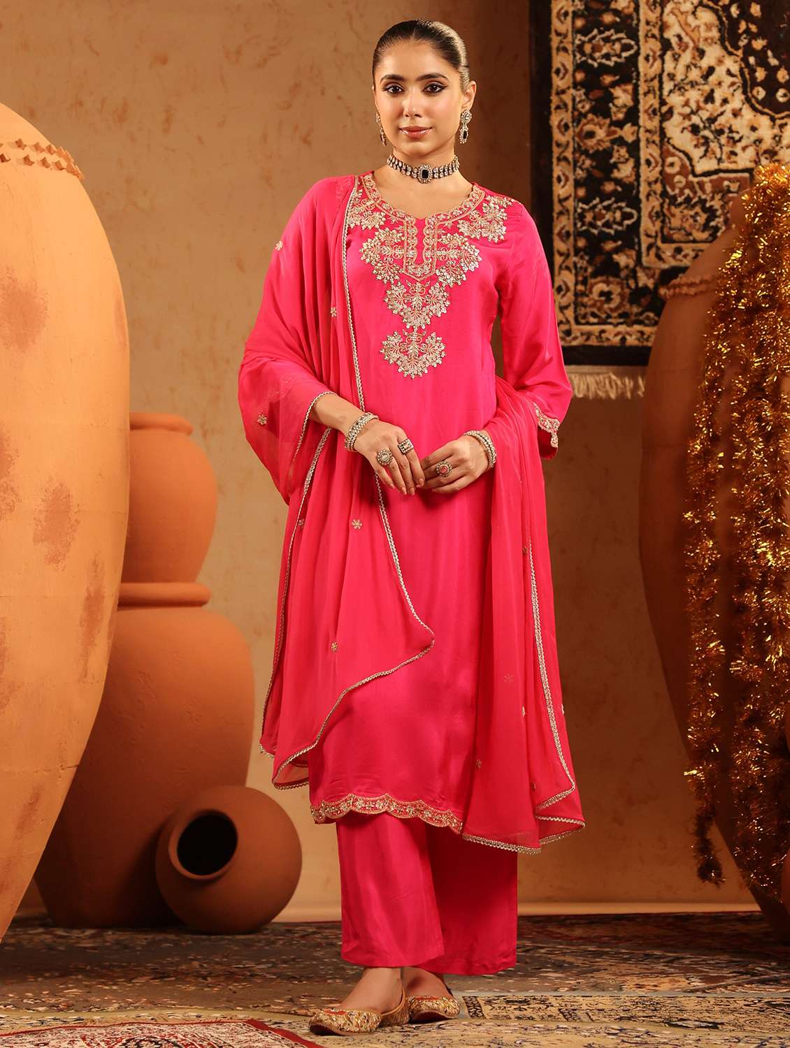 women embroidered three quarter sleeve kurta pant with dupatta set