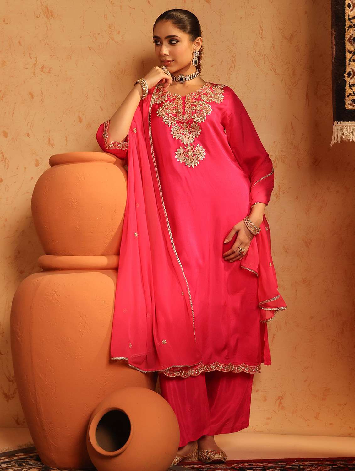 women embroidered three quarter sleeve kurta pant with dupatta set - 22142296 -  Standard Image - 1