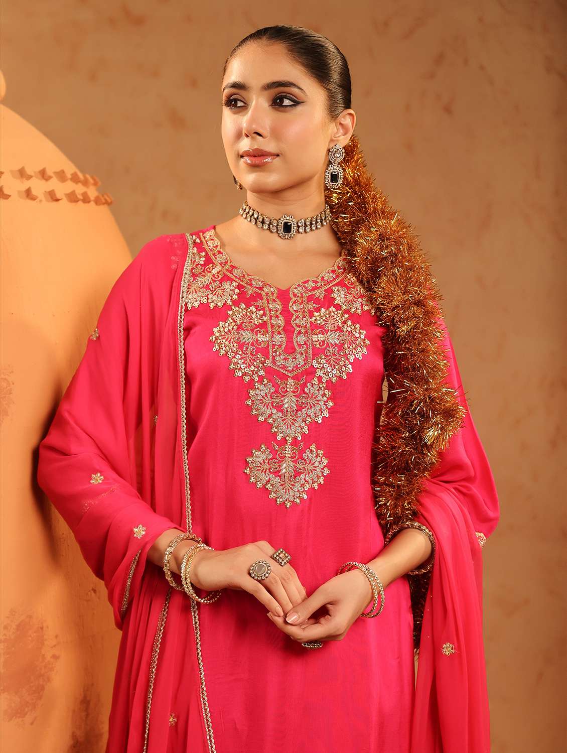 women embroidered three quarter sleeve kurta pant with dupatta set - 22142296 -  Standard Image - 4