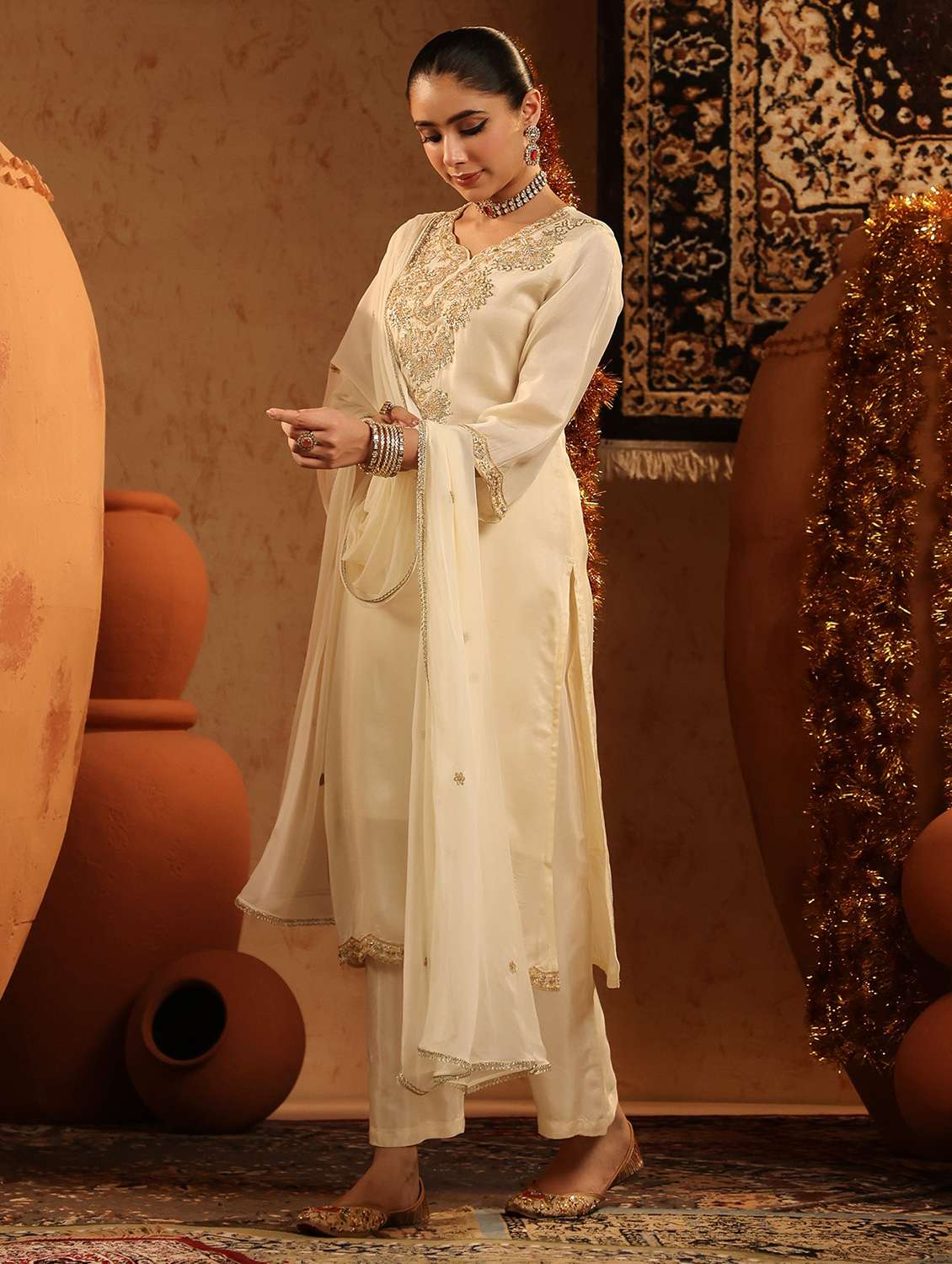 women embroidered three quarter sleeve kurta pant with dupatta set - 22142297 -  Standard Image - 1