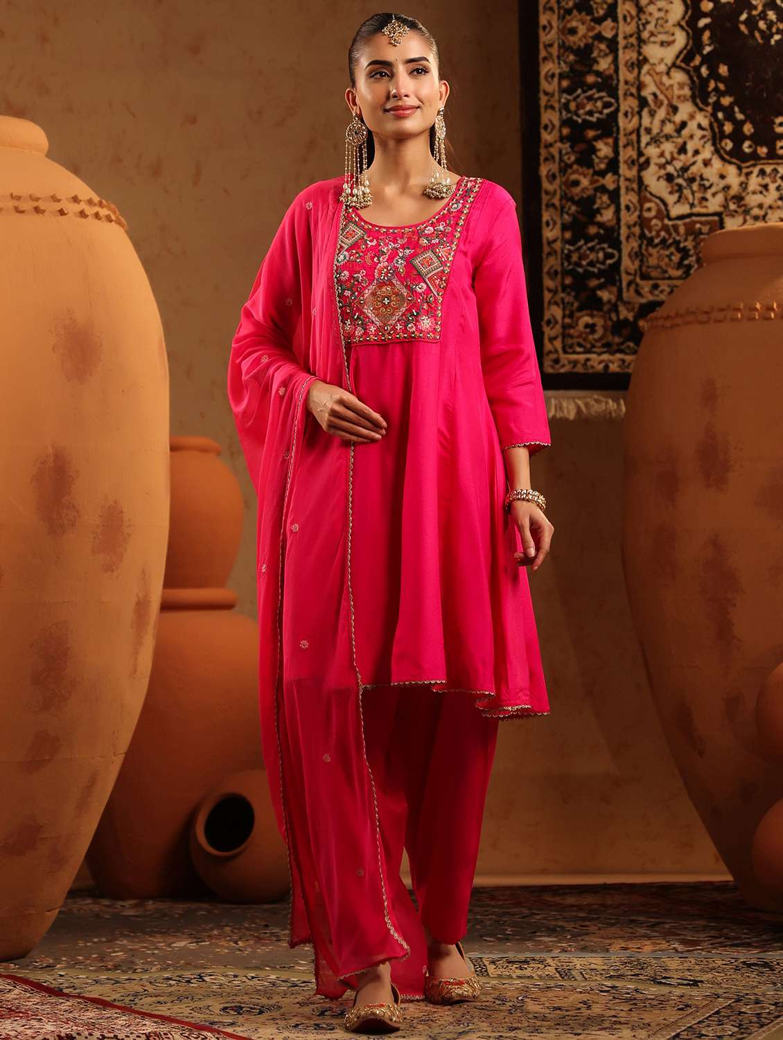 women solid with work three quarter sleeve kurta salwar with dupatta set