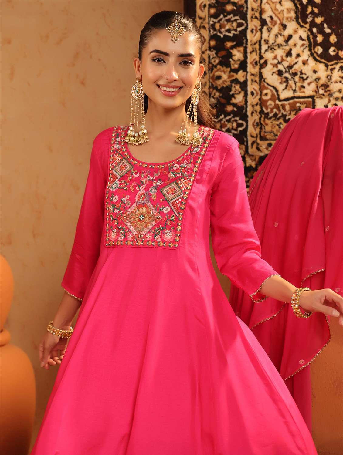 women solid with work three quarter sleeve kurta salwar with dupatta set - 22142299 -  Standard Image - 4