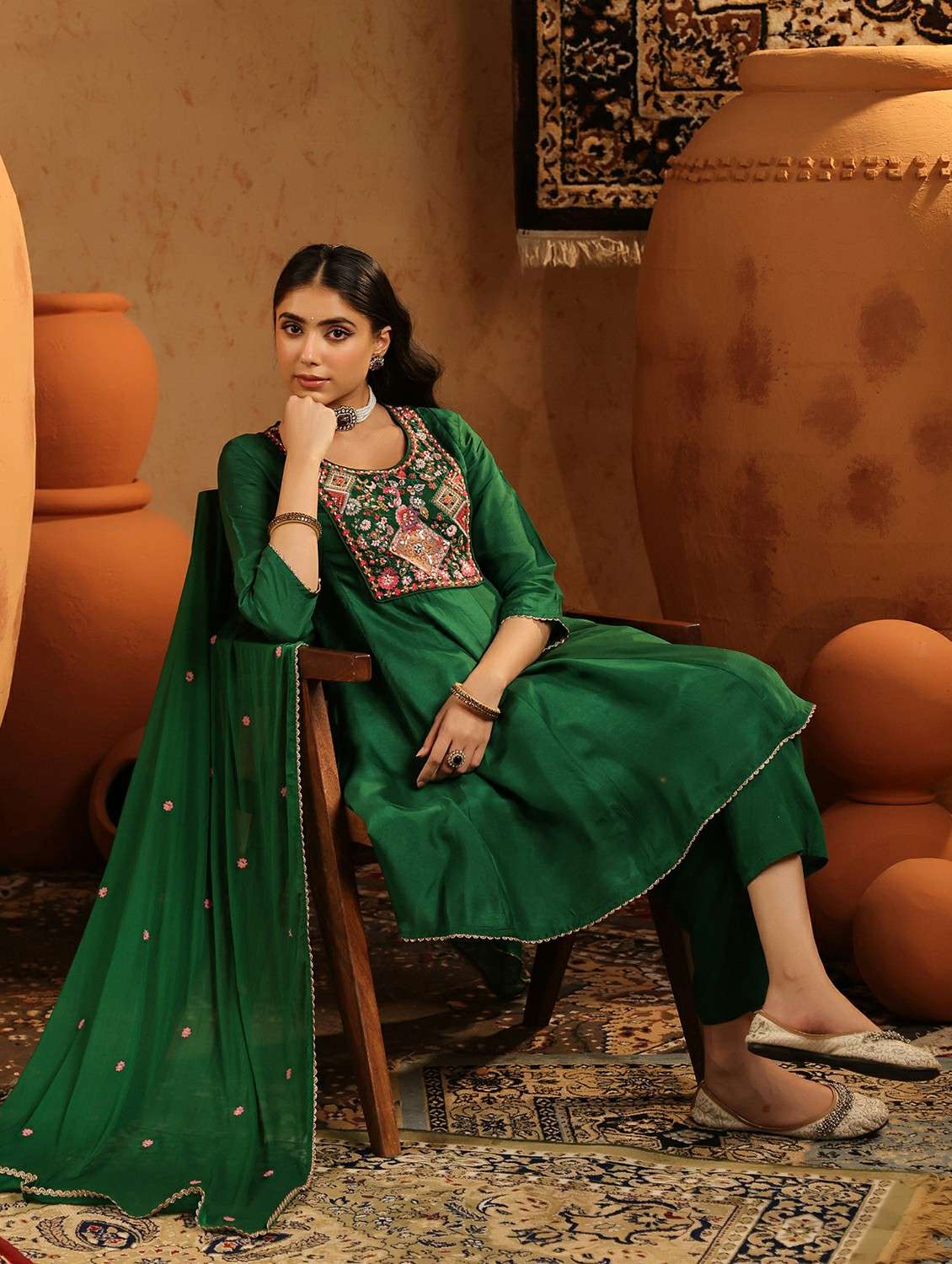 women solid with work three quarter sleeve kurta salwar with dupatta set - 22142300 -  Standard Image - 1