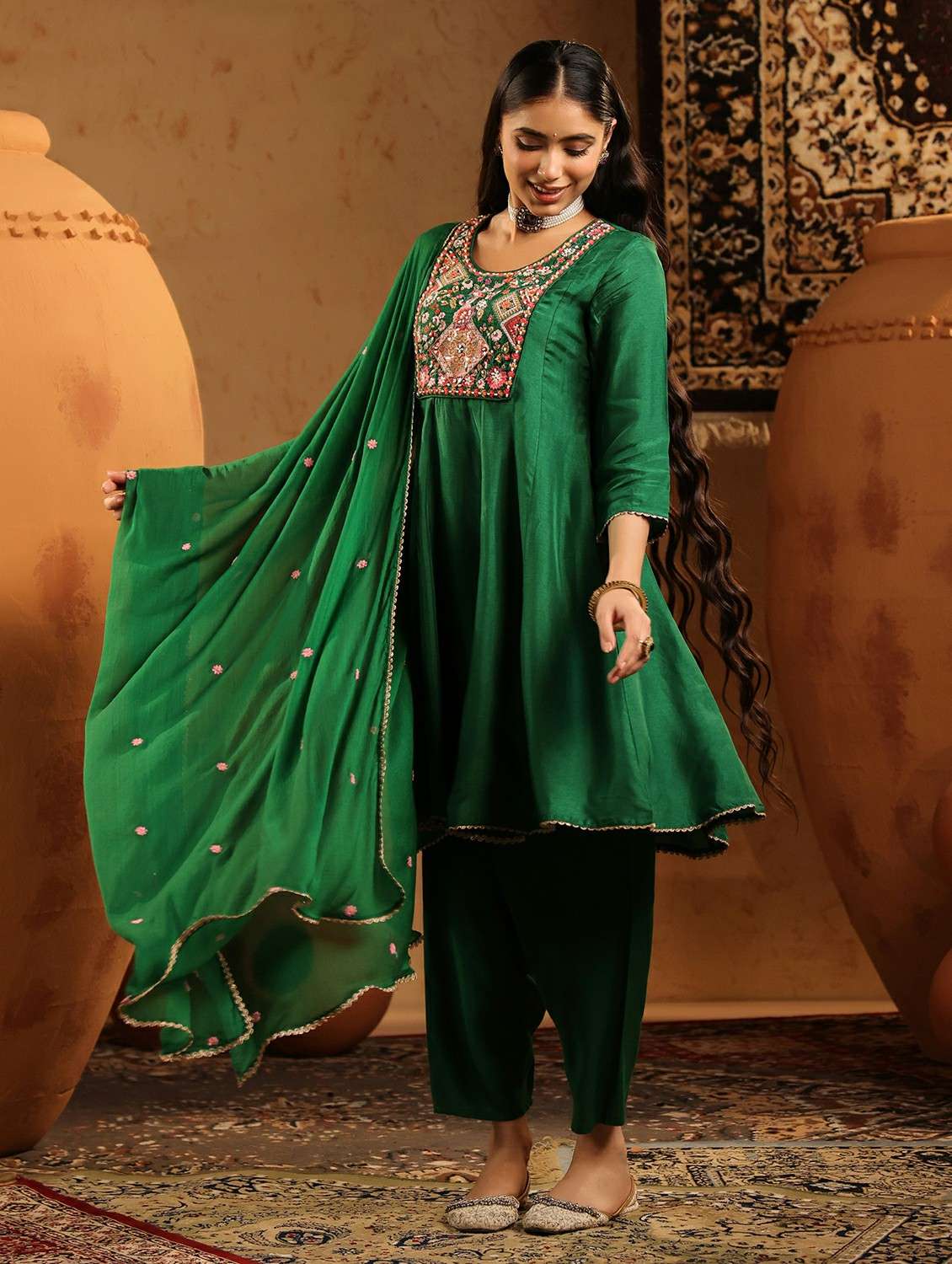 women solid with work three quarter sleeve kurta salwar with dupatta set - 22142300 -  Standard Image - 4