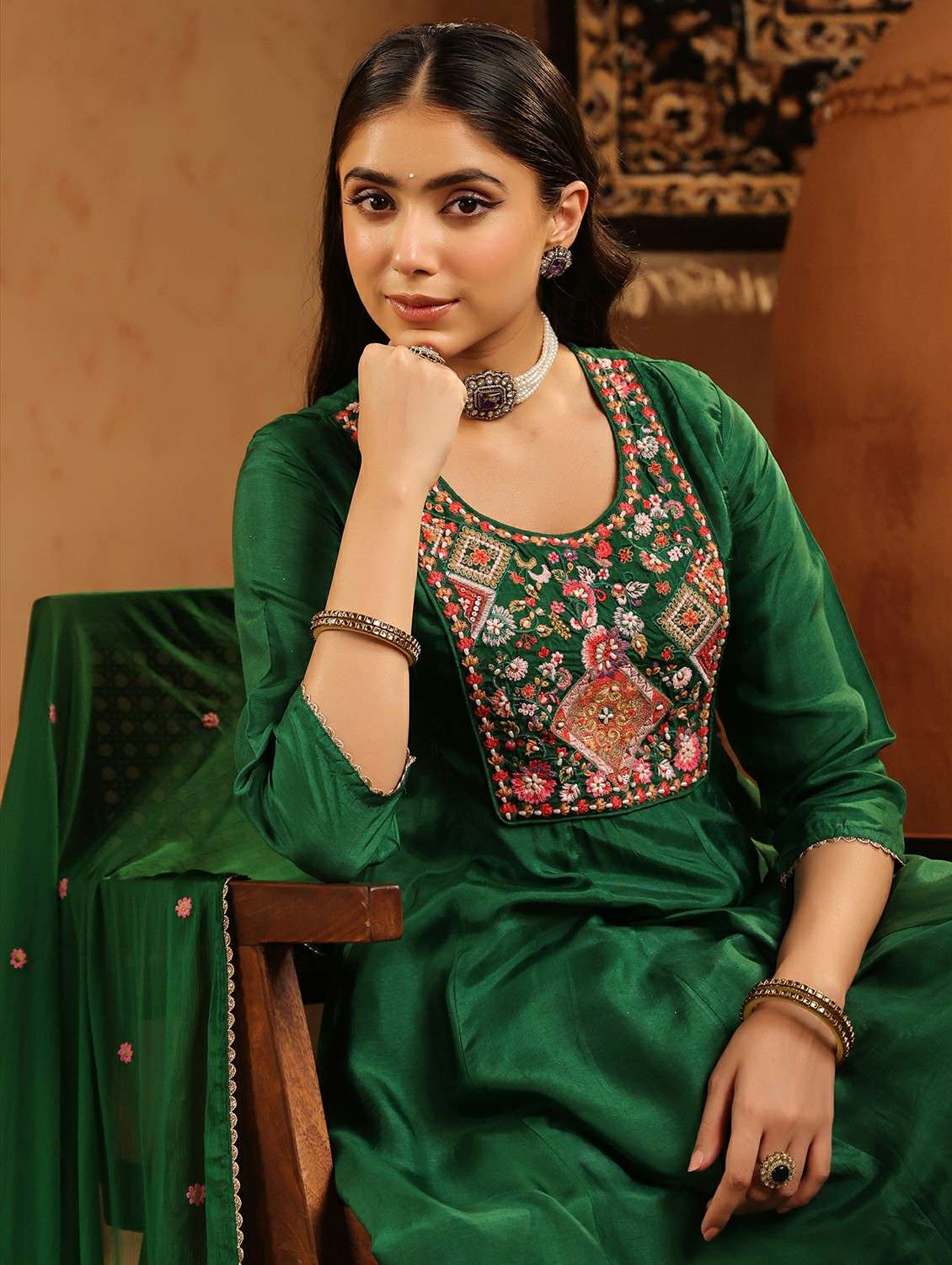 women solid with work three quarter sleeve kurta salwar with dupatta set - 22142300 -  Standard Image - 6