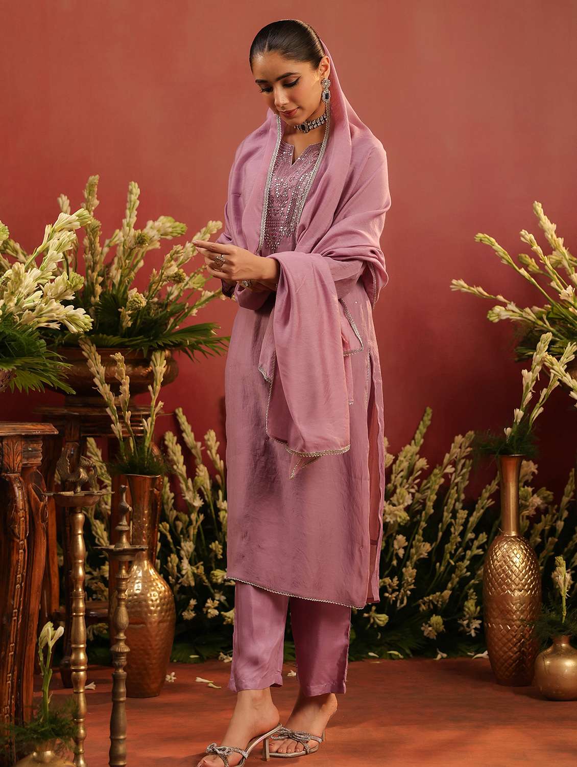 women embroidered three quarter sleeve kurta pant with dupatta set - 22142301 -  Standard Image - 1