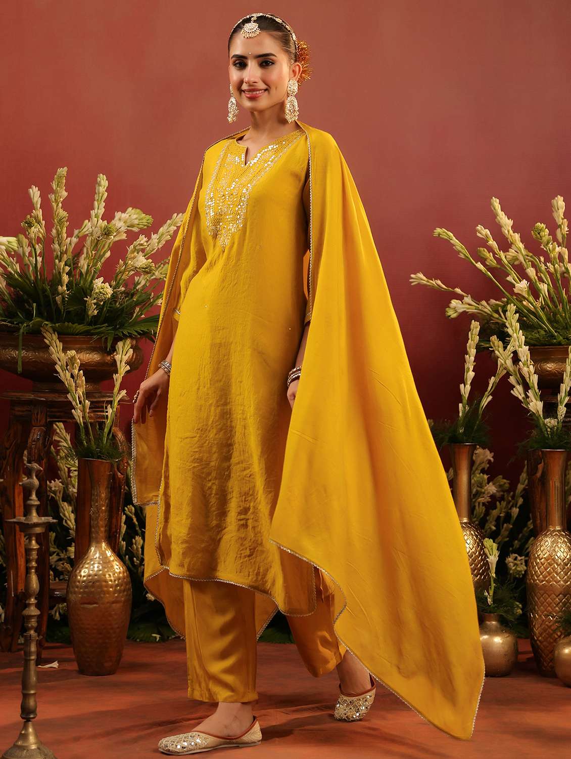 women embroidered three quarter sleeve kurta pant with dupatta set - 22142302 - Standard Image - 1