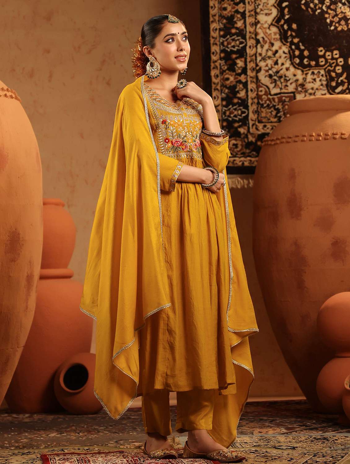 women embroidered three quarter sleeve kurta pant with dupatta set - 22142303 - Standard Image - 1