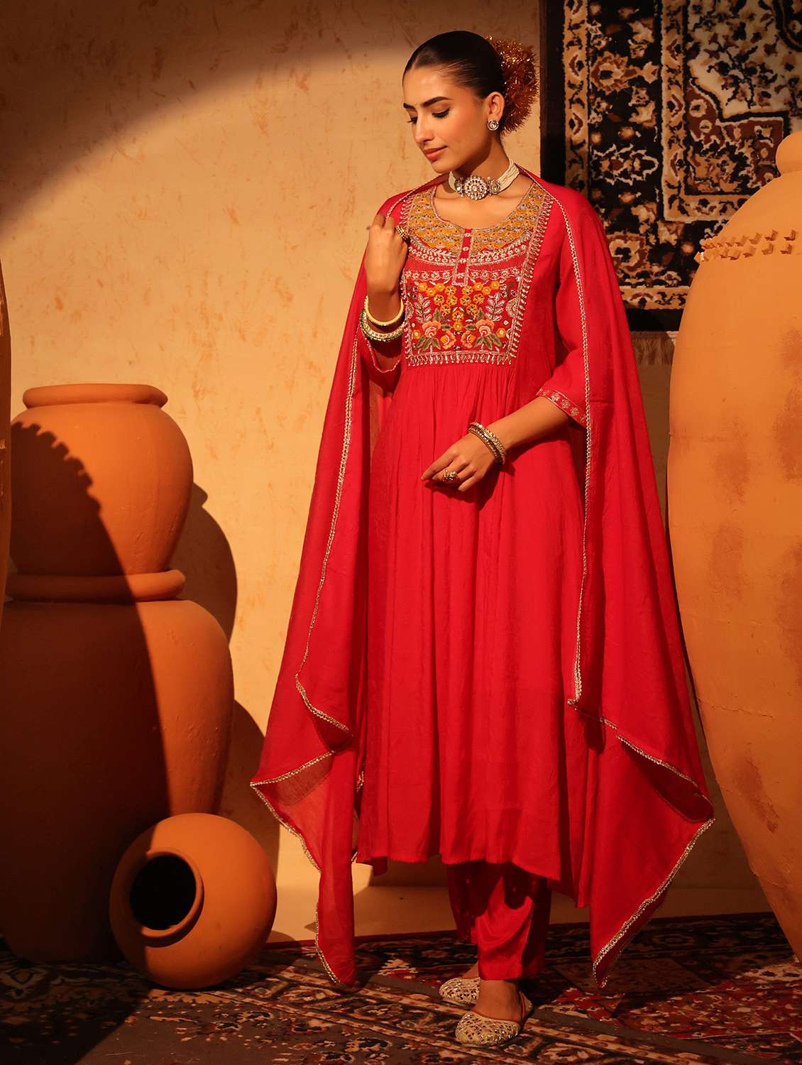 women embroidered three quarter sleeve kurta pant with dupatta set - 22142304 -  Standard Image - 1