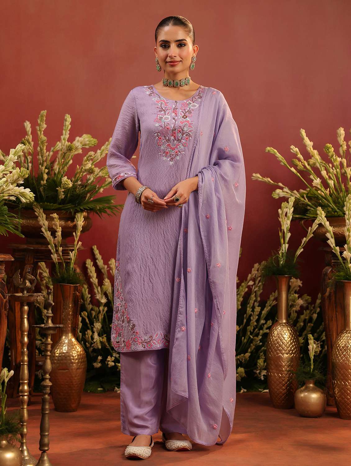 women embroidered three quarter sleeve kurta pant with dupatta set