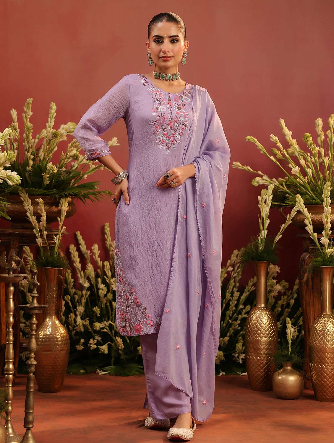 women embroidered three quarter sleeve kurta pant with dupatta set - 22142305 -  Standard Image - 1