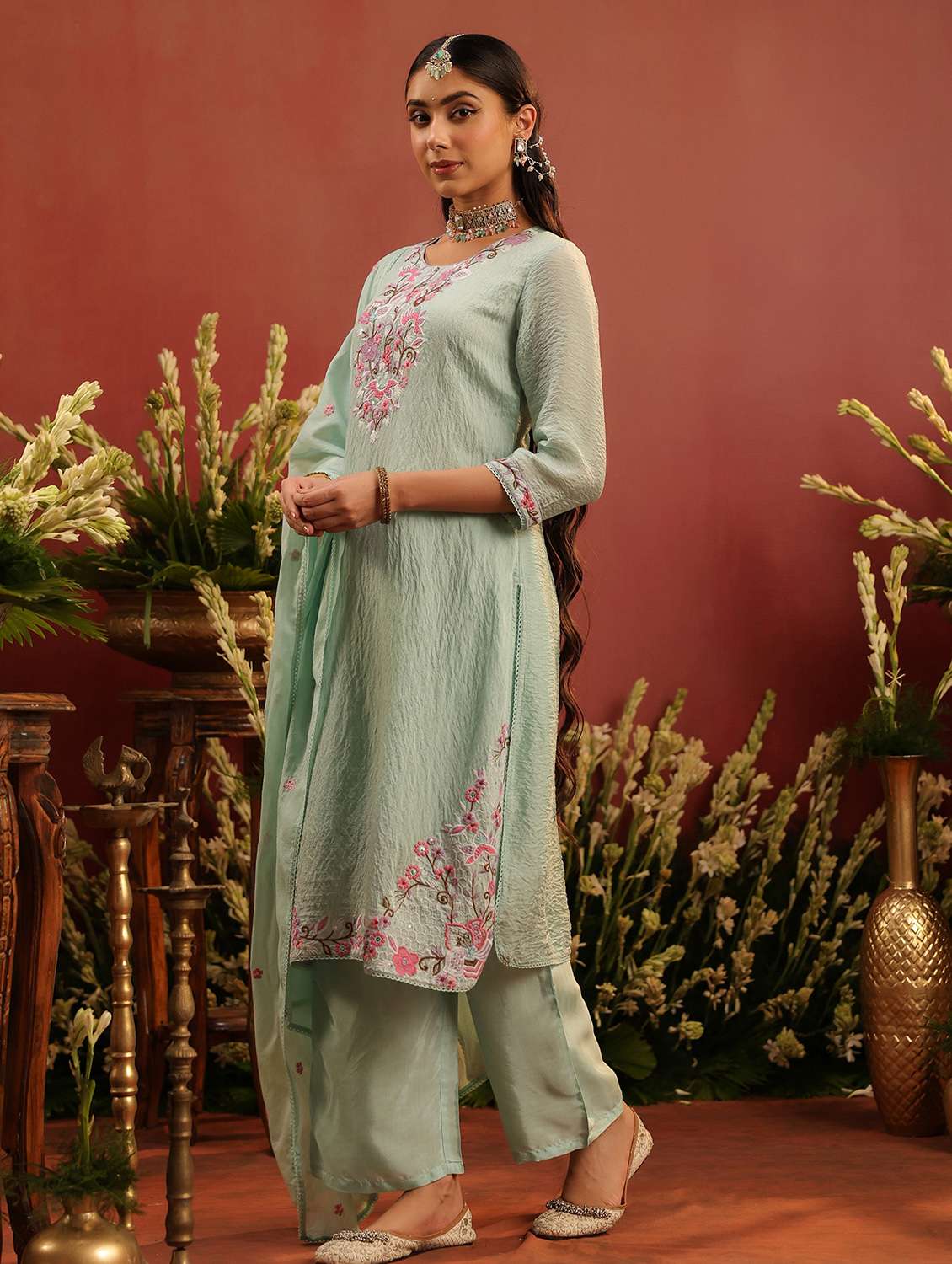 women embroidered three quarter sleeve kurta pant with dupatta set - 22142307 -  Standard Image - 1