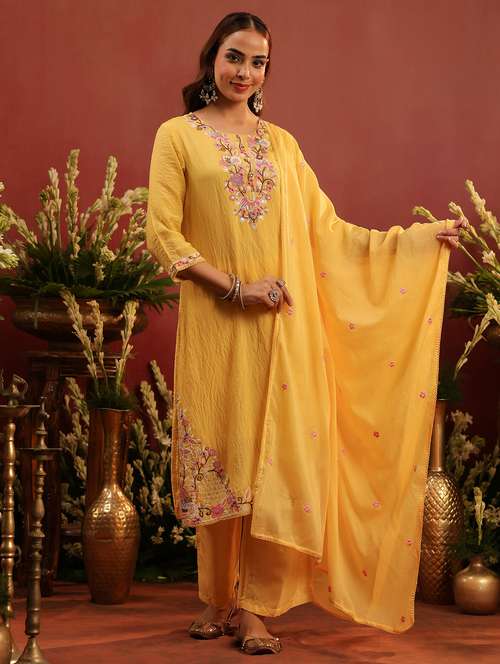 women embroidered three quarter sleeve kurta pant with dupatta set - 22142308 -  Standard Image - 0