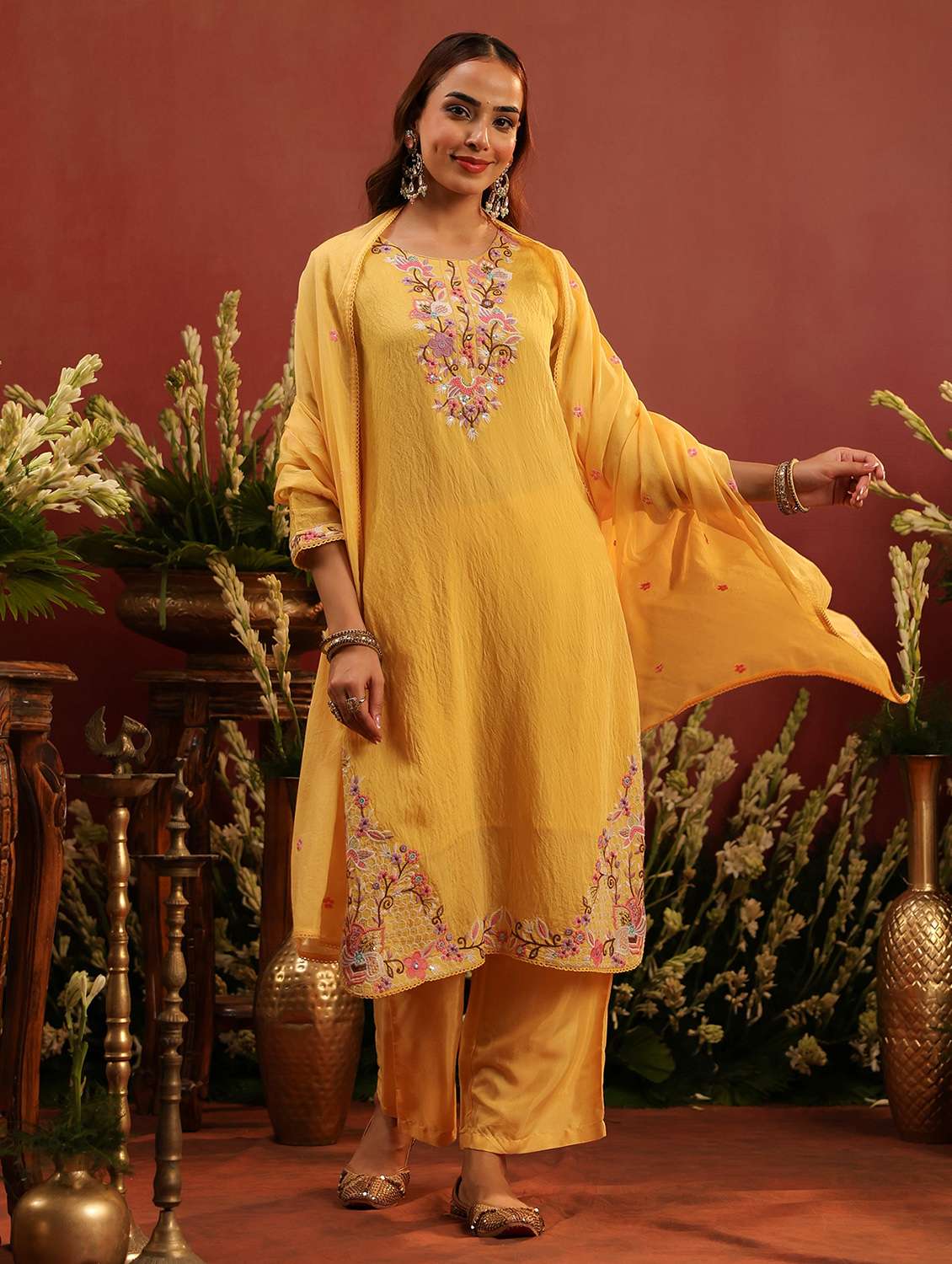 women embroidered three quarter sleeve kurta pant with dupatta set - 22142308 -  Standard Image - 1