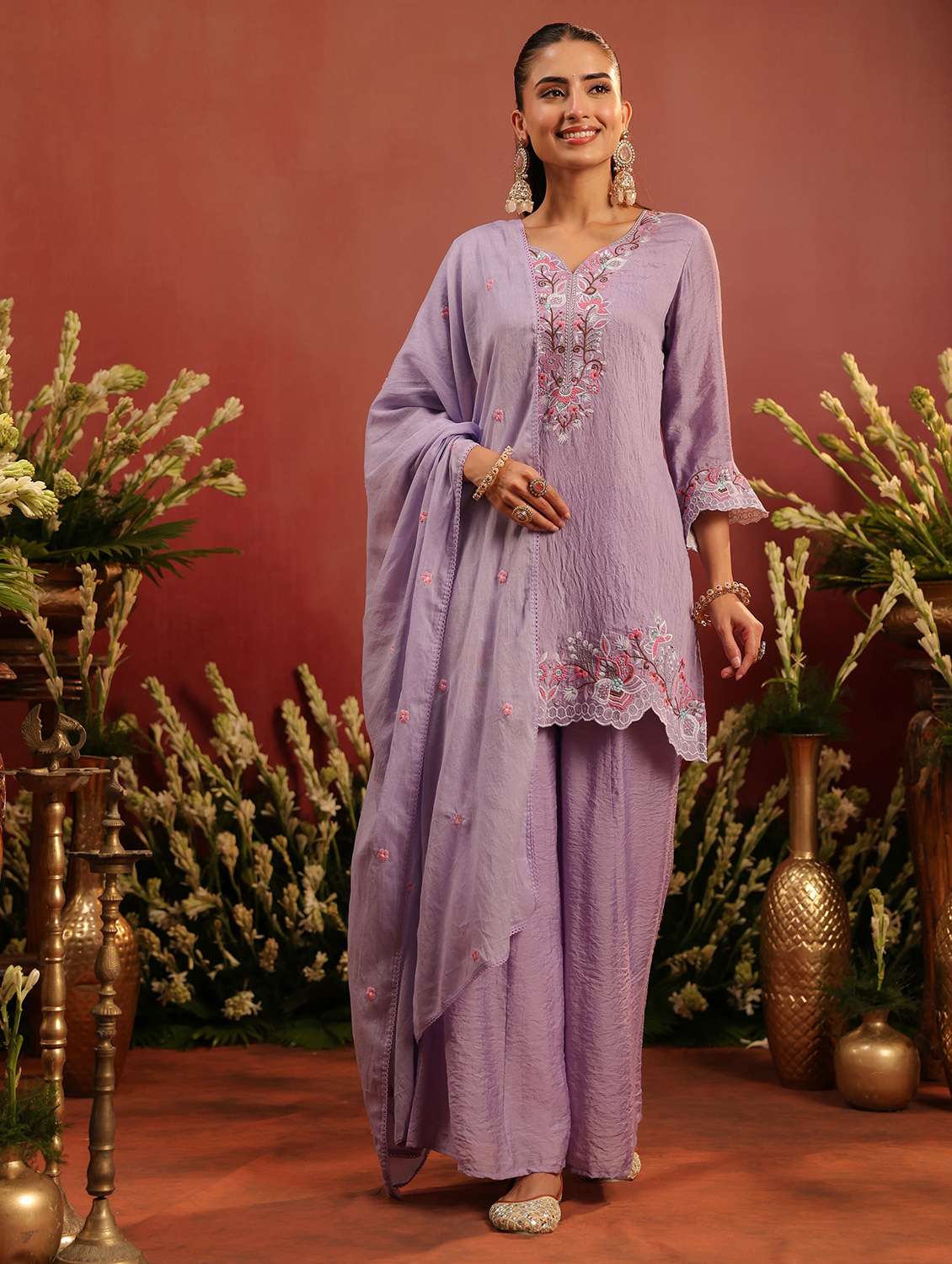 women embroidered three quarter sleeve kurta palazzo with dupatta set