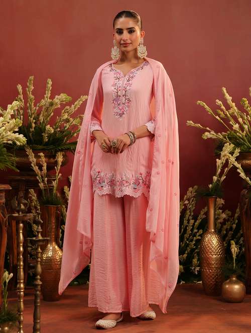 women embroidered three quarter sleeve kurta palazzo with dupatta set - 22142314 -  Standard Image - 0