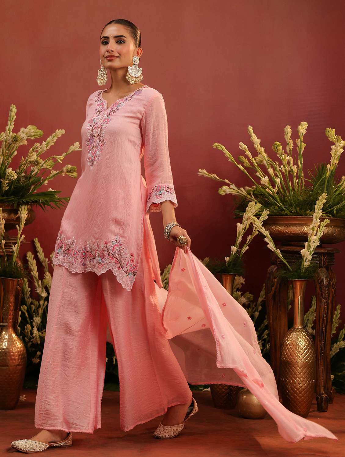 women embroidered three quarter sleeve kurta palazzo with dupatta set - 22142314 - Standard Image - 1