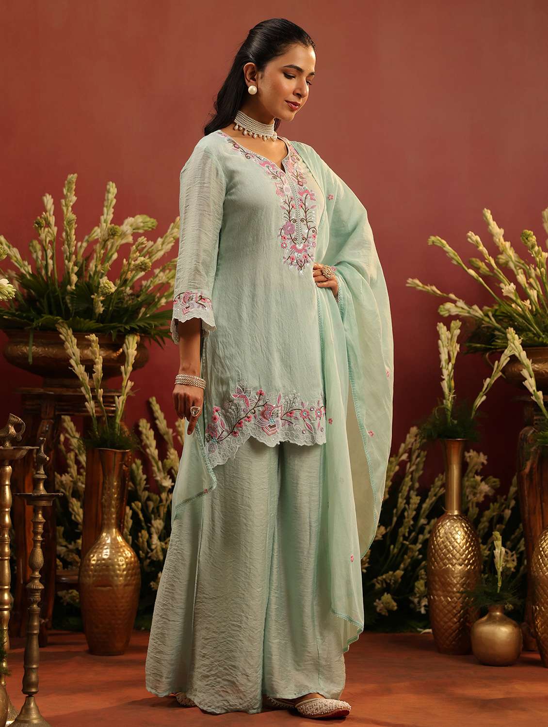 women embroidered three quarter sleeve kurta palazzo with dupatta set - 22142315 - Standard Image - 1
