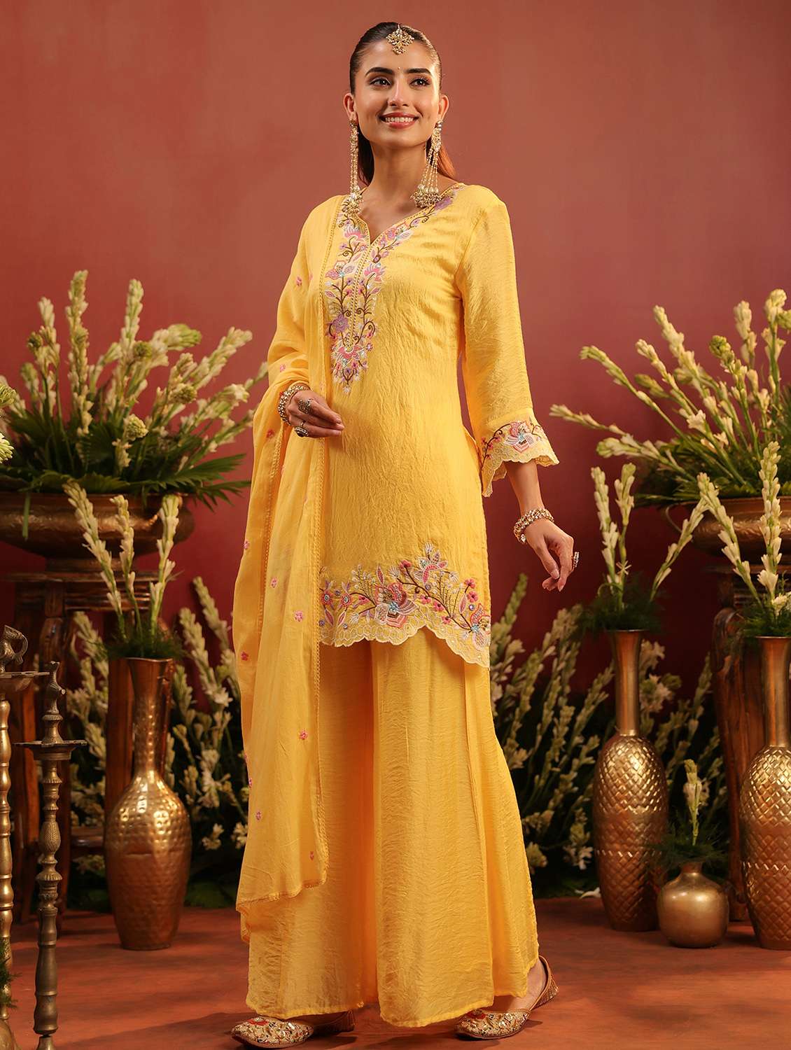 women embroidered three quarter sleeve kurta palazzo with dupatta set - 22142316 -  Standard Image - 1