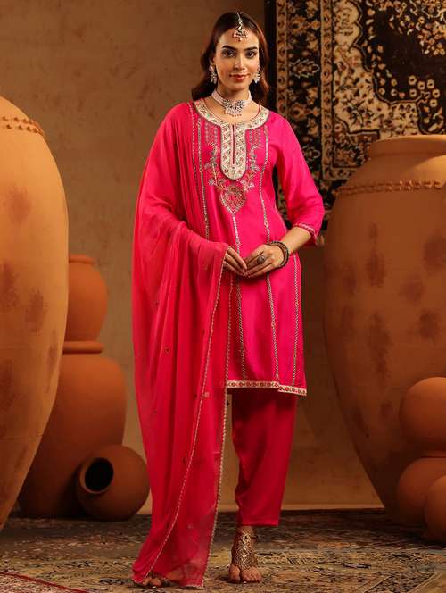 women solid with work three quarter sleeve kurta salwar with dupatta set - 22142319 -  Standard Image - 0