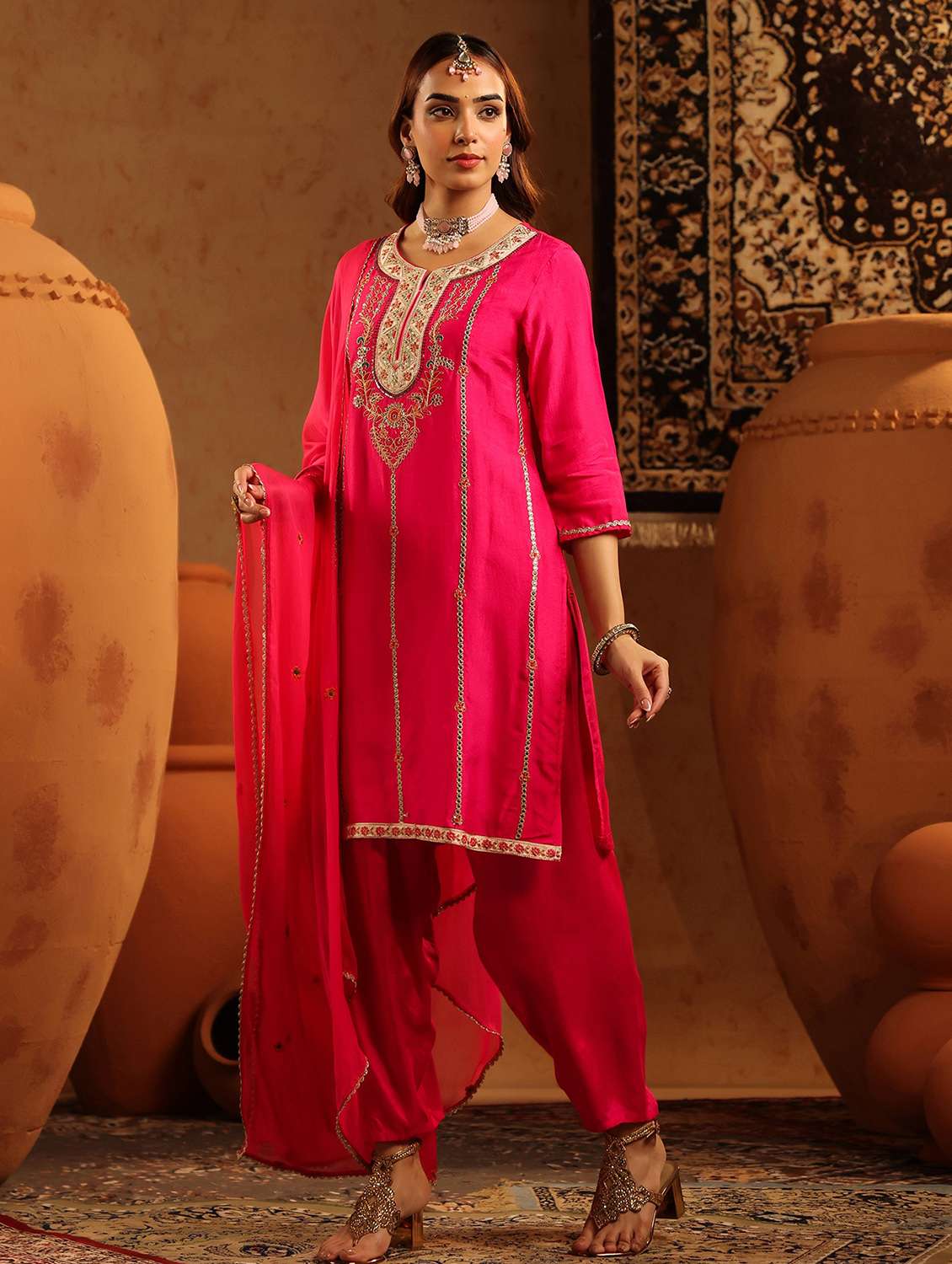women solid with work three quarter sleeve kurta salwar with dupatta set - 22142319 - Standard Image - 1