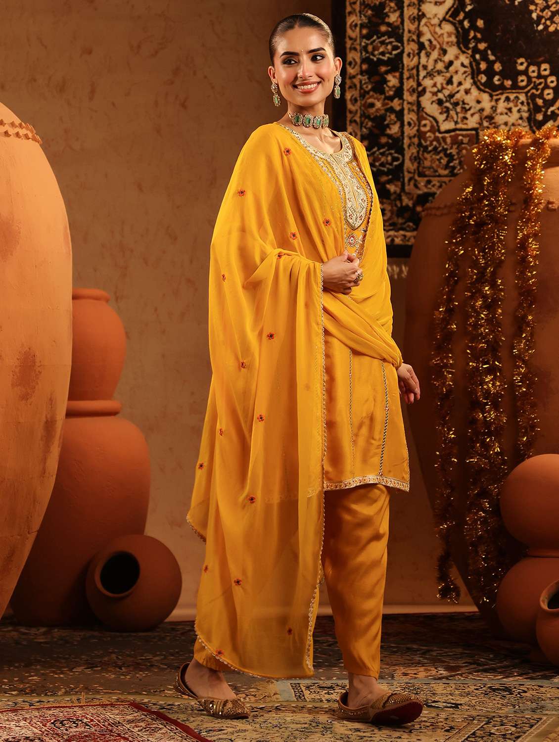 women solid with work three quarter sleeve kurta salwar with dupatta set - 22142320 - Standard Image - 1