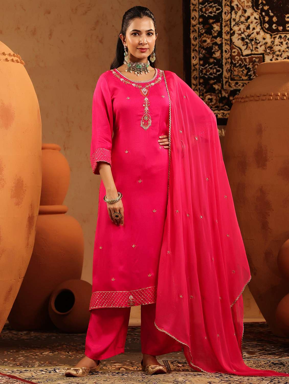 women embroidered three quarter sleeve kurta pant with dupatta set