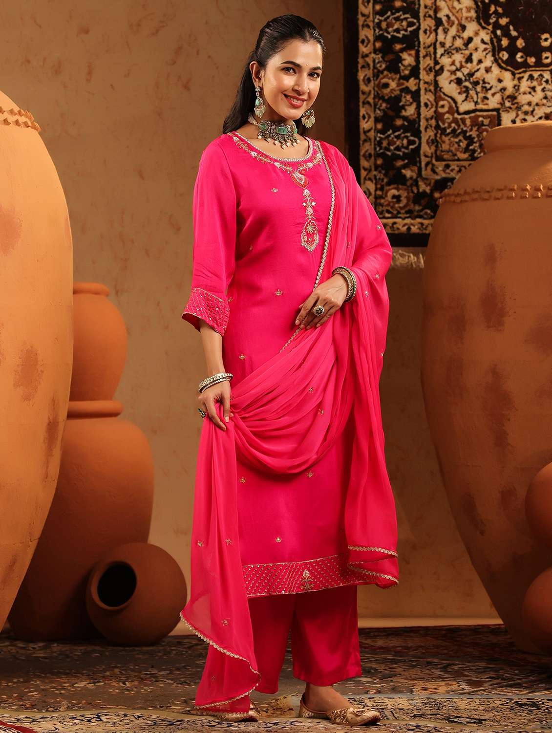 women embroidered three quarter sleeve kurta pant with dupatta set - 22142321 -  Standard Image - 1